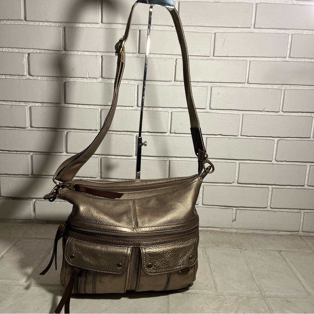 Fossil Morgan Traveller’s Bag Large  Metallic Gold Crossbody Top Zip 12x12x3